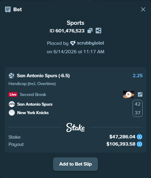 Bet slip: San Antonio Spurs - New York Knicks, $47,286.04 stake at 2.25 odds, placed by scrubbylolol