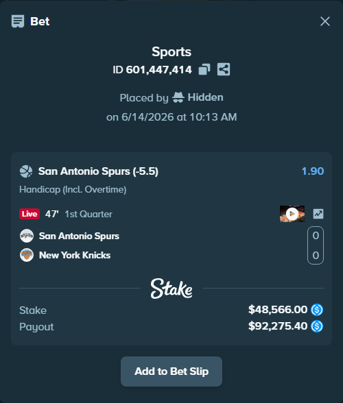 Bet slip: San Antonio Spurs - New York Knicks, $48,566.00 stake at 1.90 odds, placed by Hidden