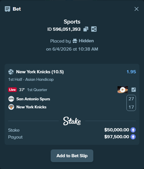 Bet slip: San Antonio Spurs - New York Knicks, $48,422.22 stake at 1.95 odds, placed by Hidden