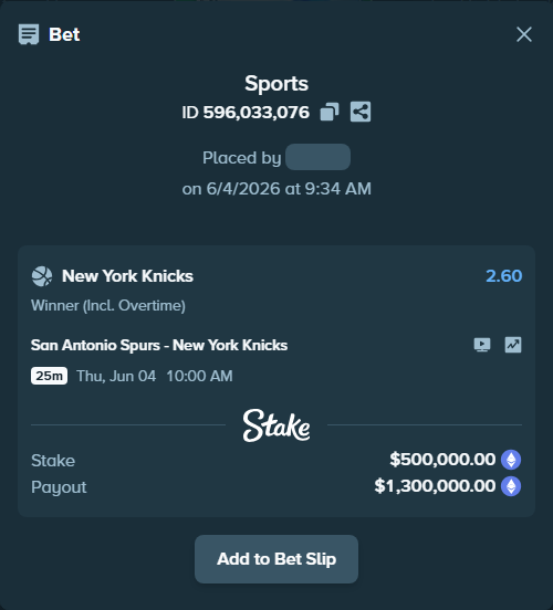Bet slip: San Antonio Spurs - New York Knicks, $476,938.00 stake at 2.60 odds, placed by gemcabal