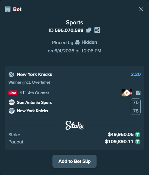 Bet slip: San Antonio Spurs - New York Knicks, $50,000.00 stake at 2.20 odds, placed by Hidden