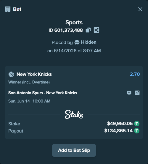 Bet slip: San Antonio Spurs - New York Knicks, $50,000.00 stake at 2.70 odds, placed by Hidden