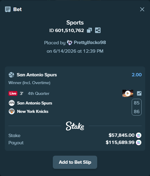 Bet slip: San Antonio Spurs - New York Knicks, $61,700.20 stake at 2.00 odds, placed by Prettylfacko98