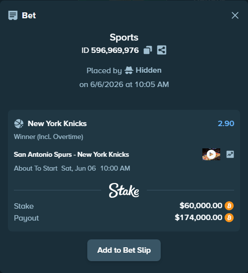 Bet slip: San Antonio Spurs - New York Knicks, $62,953.34 stake at 2.90 odds, placed by Hidden