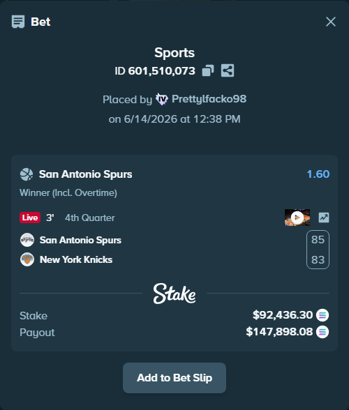 Bet slip: San Antonio Spurs - New York Knicks, $98,596.92 stake at 1.60 odds, placed by Prettylfacko98