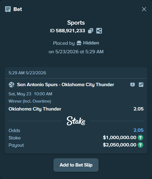 Bet slip: San Antonio Spurs - Oklahoma City Thunder, $1,001,000.00 stake at 2.05 odds, placed by Hidden