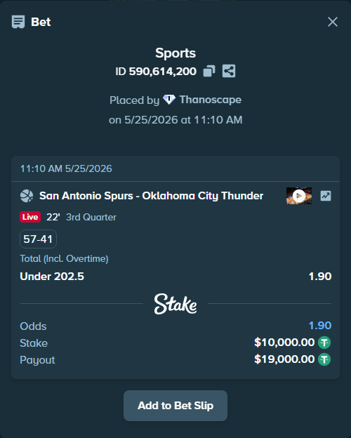Bet slip: San Antonio Spurs - Oklahoma City Thunder, $10,000.00 stake at 1.90 odds, placed by Thanoscape