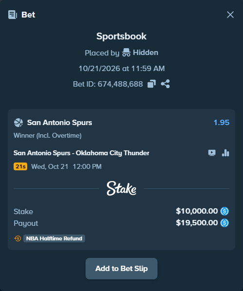 Bet slip: San Antonio Spurs - Oklahoma City Thunder, $10,000.00 stake at 1.95 odds, placed by Tasfordd