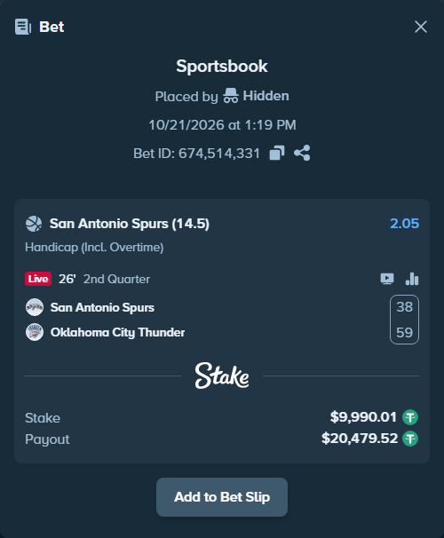 Bet slip: San Antonio Spurs - Oklahoma City Thunder, $10,000.00 stake at 2.05 odds, placed by Pancroft100