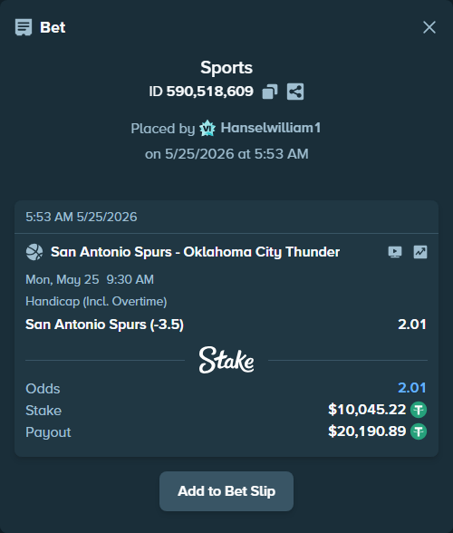 Bet slip: San Antonio Spurs - Oklahoma City Thunder, $10,045.22 stake at 2.01 odds, placed by Hanselwilliam1