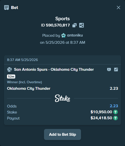 Bet slip: San Antonio Spurs - Oklahoma City Thunder, $10,950.00 stake at 2.23 odds, placed by antoniku