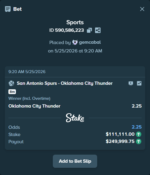 Bet slip: San Antonio Spurs - Oklahoma City Thunder, $111,111.00 stake at 2.25 odds, placed by gemcabal