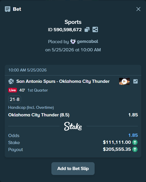 Bet slip: San Antonio Spurs - Oklahoma City Thunder, $111,111.00 stake at 1.85 odds, placed by gemcabal