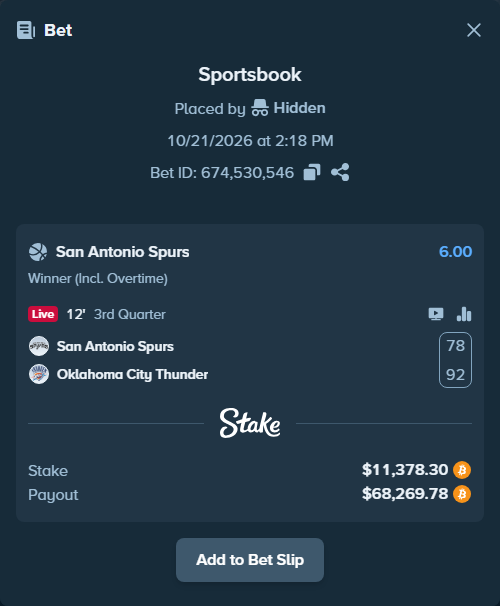 Bet slip: San Antonio Spurs - Oklahoma City Thunder, $11,465.38 stake at 6.00 odds, placed by Hidden