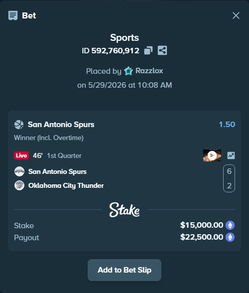 Bet slip: San Antonio Spurs - Oklahoma City Thunder, $14,171.65 stake at 1.50 odds, placed by Razzlox