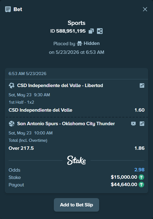 Bet slip: San Antonio Spurs - Oklahoma City Thunder, $15,015.00 stake at 1.86 odds, placed by Hidden