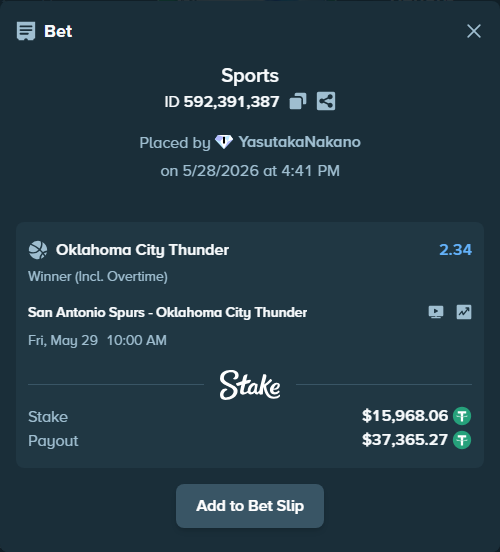 Bet slip: San Antonio Spurs - Oklahoma City Thunder, $16,000.00 stake at 2.34 odds, placed by YasutakaNakano