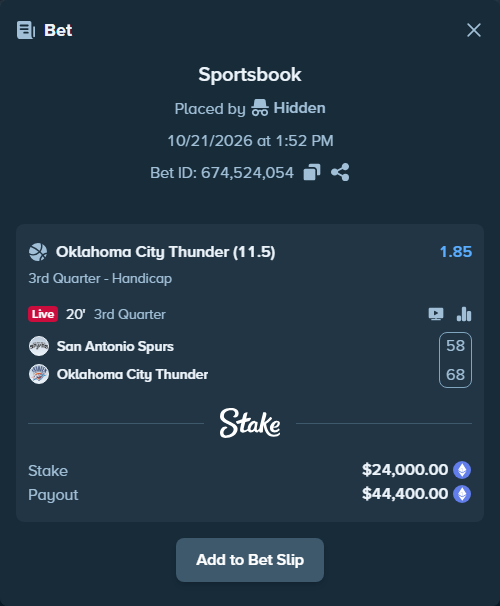 Bet slip: San Antonio Spurs - Oklahoma City Thunder, $24,047.74 stake at 1.85 odds, placed by Jollysea