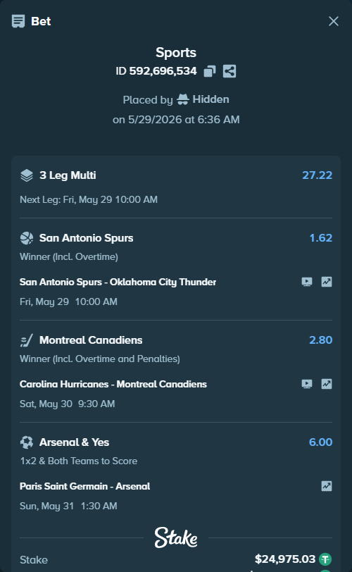 Bet slip: San Antonio Spurs - Oklahoma City Thunder, $25,000.00 stake at 1.62 odds, placed by Hidden