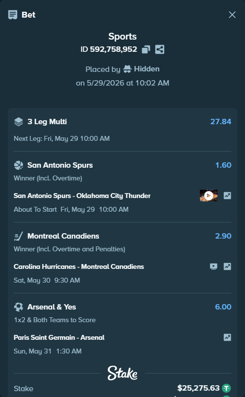 Bet slip: San Antonio Spurs - Oklahoma City Thunder, $25,300.90 stake at 1.60 odds, placed by Hidden