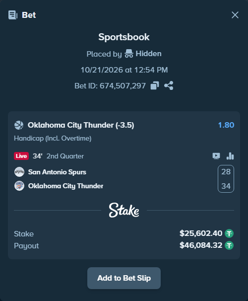 Bet slip: San Antonio Spurs - Oklahoma City Thunder, $25,628.00 stake at 1.80 odds, placed by Hanselwilliam1