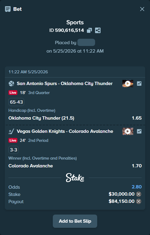 Bet slip: San Antonio Spurs - Oklahoma City Thunder, $25,526.55 stake at 1.65 odds, placed by Rosspicks