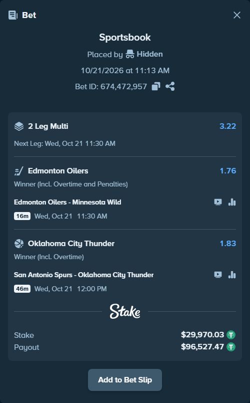 Bet slip: San Antonio Spurs - Oklahoma City Thunder, $30,000.00 stake at 1.83 odds, placed by Hidden