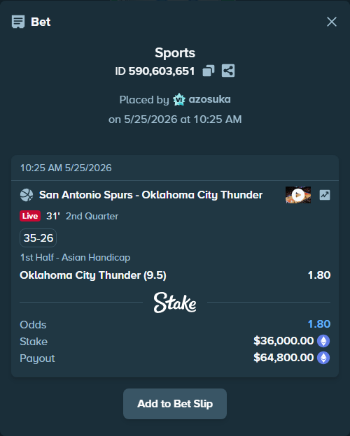 Bet slip: San Antonio Spurs - Oklahoma City Thunder, $29,688.09 stake at 1.80 odds, placed by azosuka