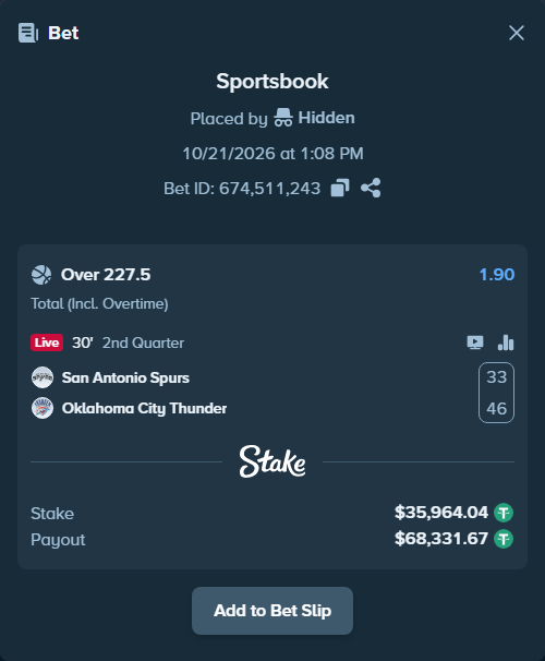 Bet slip: San Antonio Spurs - Oklahoma City Thunder, $36,000.00 stake at 1.90 odds, placed by Reyes32