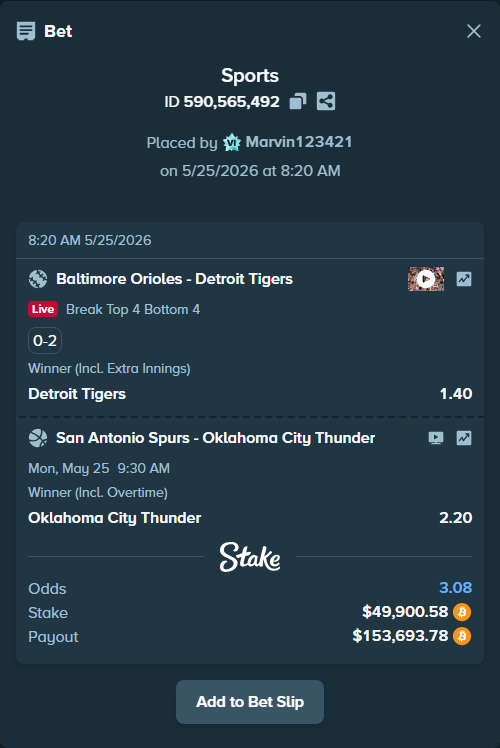Bet slip: San Antonio Spurs - Oklahoma City Thunder, $41,891.86 stake at 2.20 odds, placed by Marvin123421