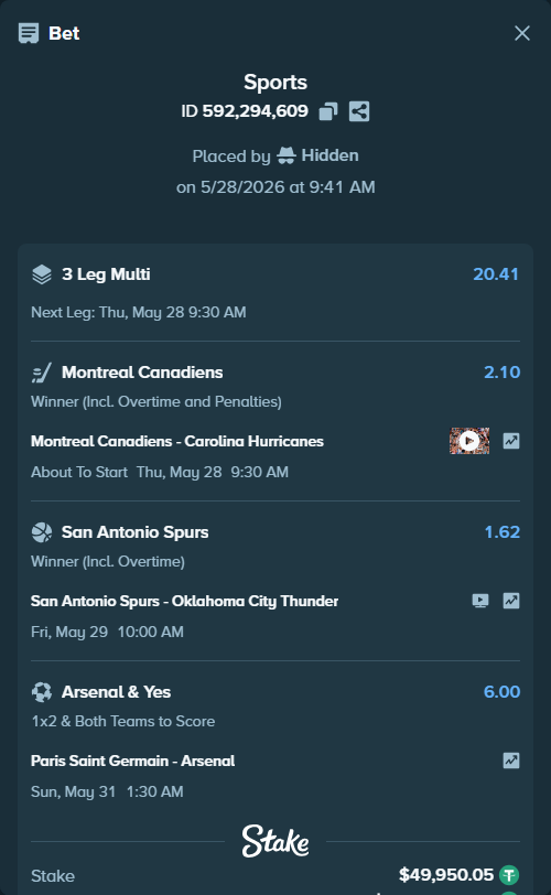 Bet slip: San Antonio Spurs - Oklahoma City Thunder, $50,000.00 stake at 1.62 odds, placed by Hidden