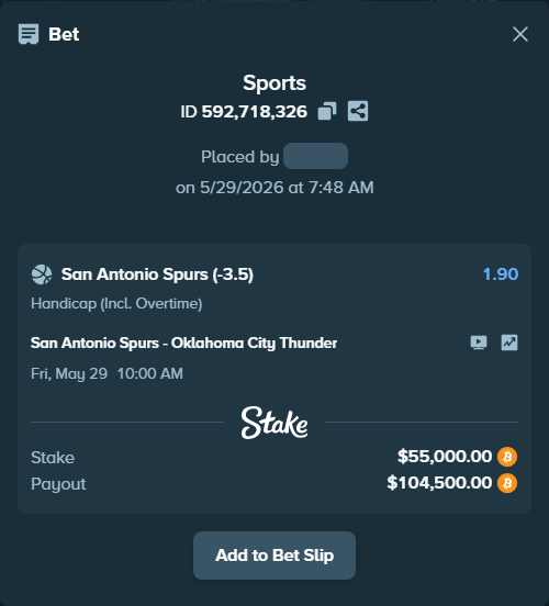 Bet slip: San Antonio Spurs - Oklahoma City Thunder, $48,012.69 stake at 1.90 odds, placed by Dzokoichoi