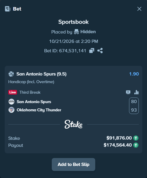 Bet slip: San Antonio Spurs - Oklahoma City Thunder, $91,967.88 stake at 1.90 odds, placed by Hidden