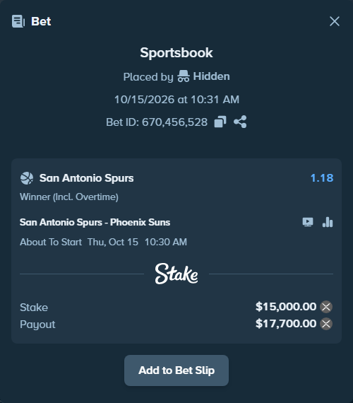 Bet slip: San Antonio Spurs - Phoenix Suns, $14,658.15 stake at 1.18 odds, placed by Hidden