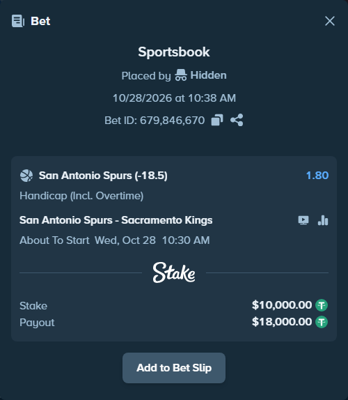 Bet slip: San Antonio Spurs - Sacramento Kings, $10,010.00 stake at 1.80 odds, placed by Hidden