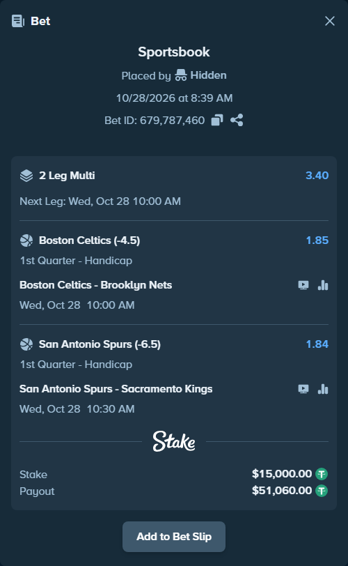 Bet slip: San Antonio Spurs - Sacramento Kings, $15,015.00 stake at 1.84 odds, placed by Hidden