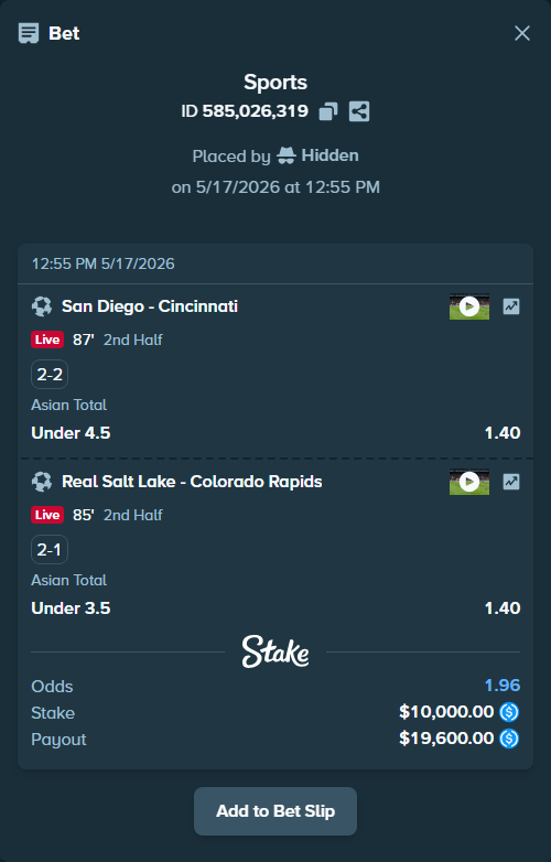 Bet slip: San Diego - Cincinnati, $10,000.00 stake at 1.40 odds, placed by Hidden