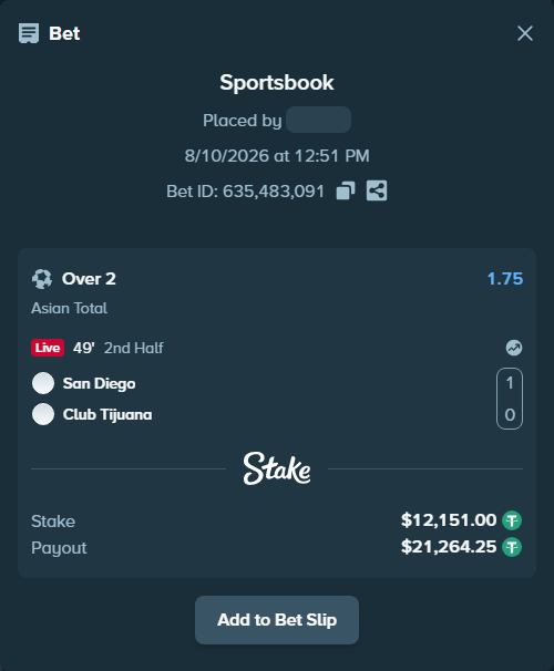 Bet slip: San Diego - Club Tijuana, $12,163.15 stake at 1.75 odds, placed by privetmedvet15