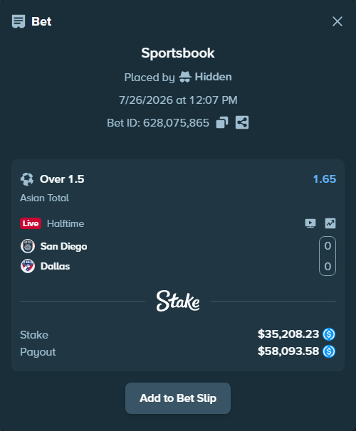 Bet slip: San Diego - Dallas, $35,208.23 stake at 1.65 odds, placed by Hidden