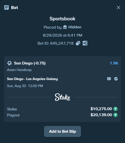 Bet slip: San Diego - Los Angeles Galaxy, $10,275.00 stake at 1.96 odds, placed by Hidden