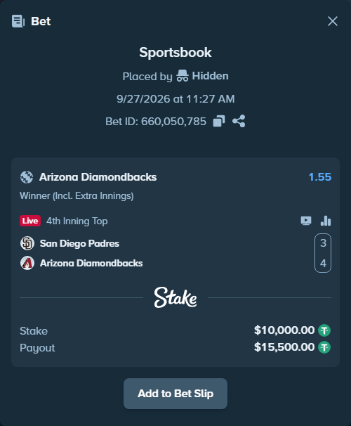 Bet slip: San Diego Padres - Arizona Diamondbacks, $10,000.00 stake at 1.55 odds, placed by nandonzr