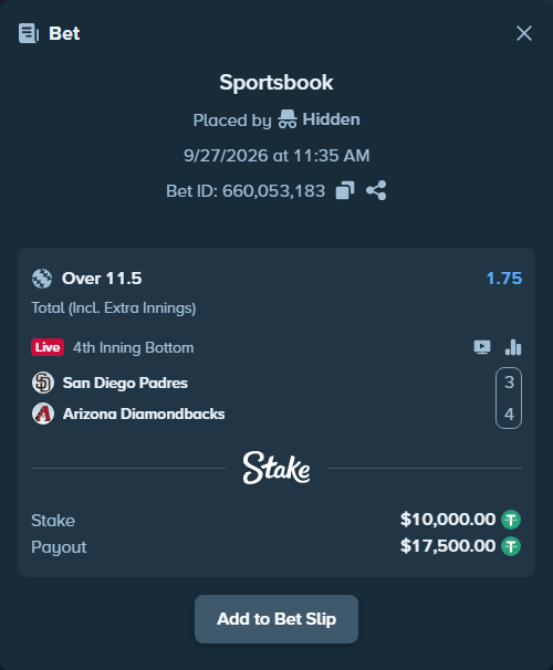 Bet slip: San Diego Padres - Arizona Diamondbacks, $10,000.00 stake at 1.75 odds, placed by Hidden