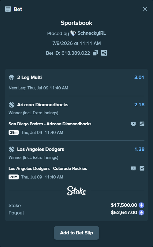 Bet slip: San Diego Padres - Arizona Diamondbacks, $19,067.23 stake at 2.18 odds, placed by SchneckyIRL