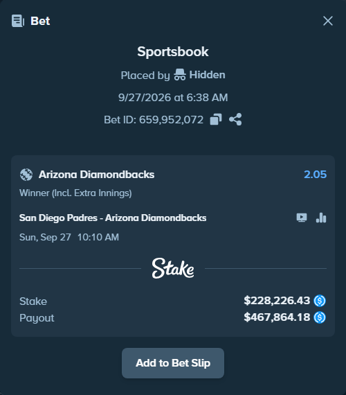 Bet slip: San Diego Padres - Arizona Diamondbacks, $228,226.43 stake at 2.05 odds, placed by Hidden
