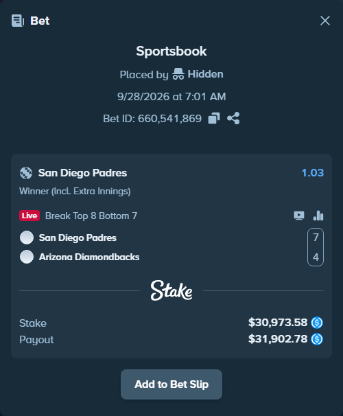 Bet slip: San Diego Padres - Arizona Diamondbacks, $30,973.58 stake at 1.03 odds, placed by Hidden
