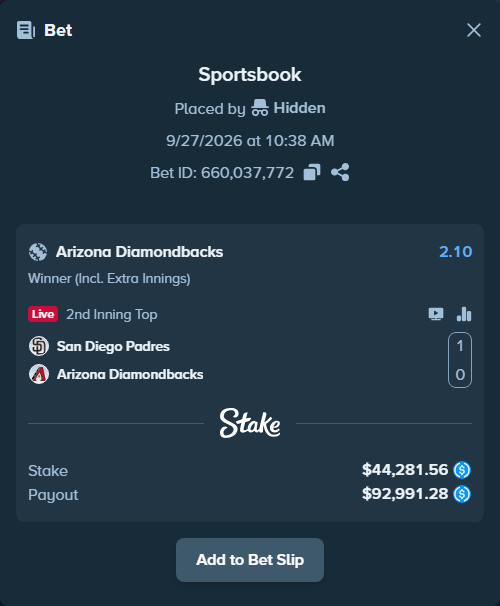 Bet slip: San Diego Padres - Arizona Diamondbacks, $44,281.56 stake at 2.10 odds, placed by Hidden