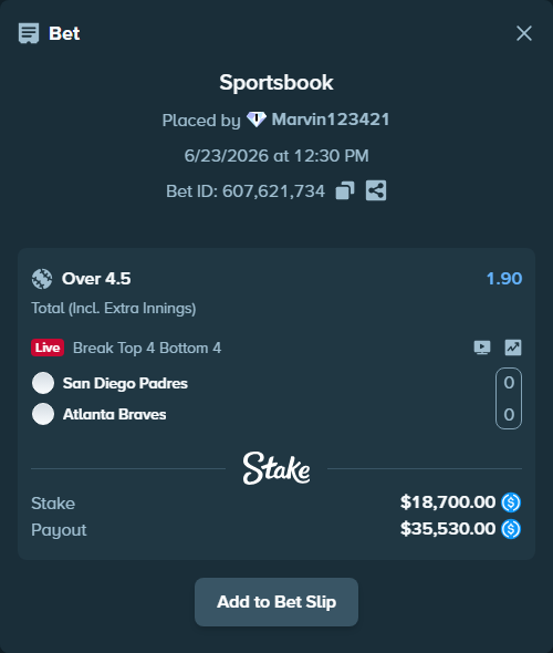 Bet slip: San Diego Padres - Atlanta Braves, $18,700.00 stake at 1.90 odds, placed by Marvin123421