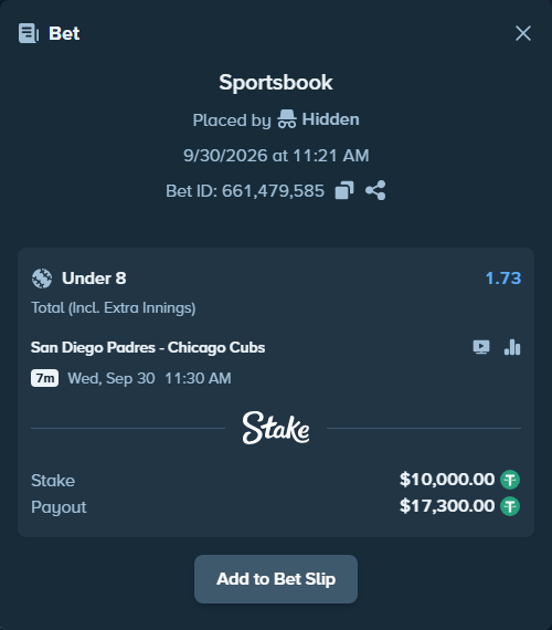 Bet slip: San Diego Padres - Chicago Cubs, $10,000.00 stake at 1.73 odds, placed by nandonzr