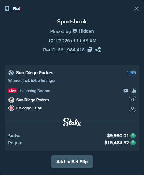 Bet slip: San Diego Padres - Chicago Cubs, $10,000.00 stake at 1.55 odds, placed by Hidden