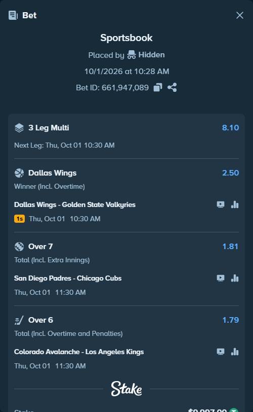Bet slip: San Diego Padres - Chicago Cubs, $10,007.00 stake at 1.81 odds, placed by WIZCAPA